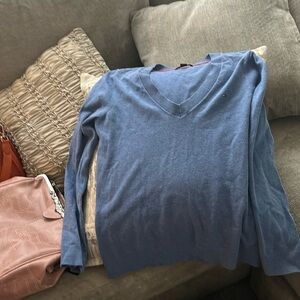 V-neck blue shirt, long sleeves, soft cotton